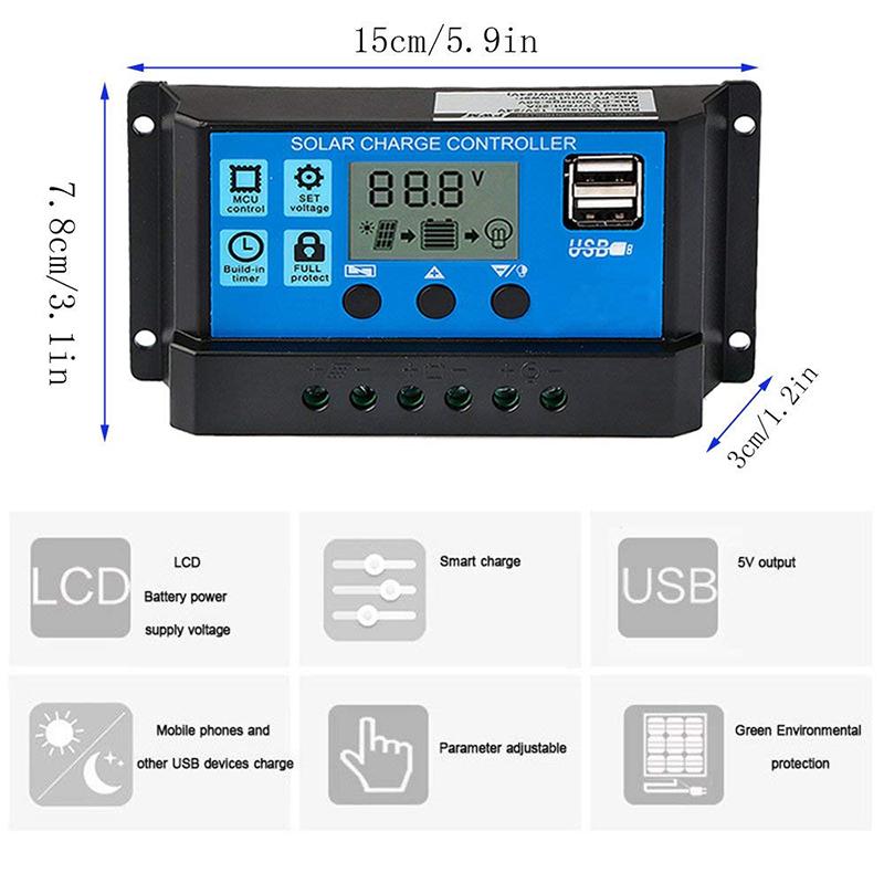 Regolatore solare 12V/24V 30A 20A 10A regolatore solare caricabatteria PWM Display LCD doppia uscita USB 5V 12V 24V