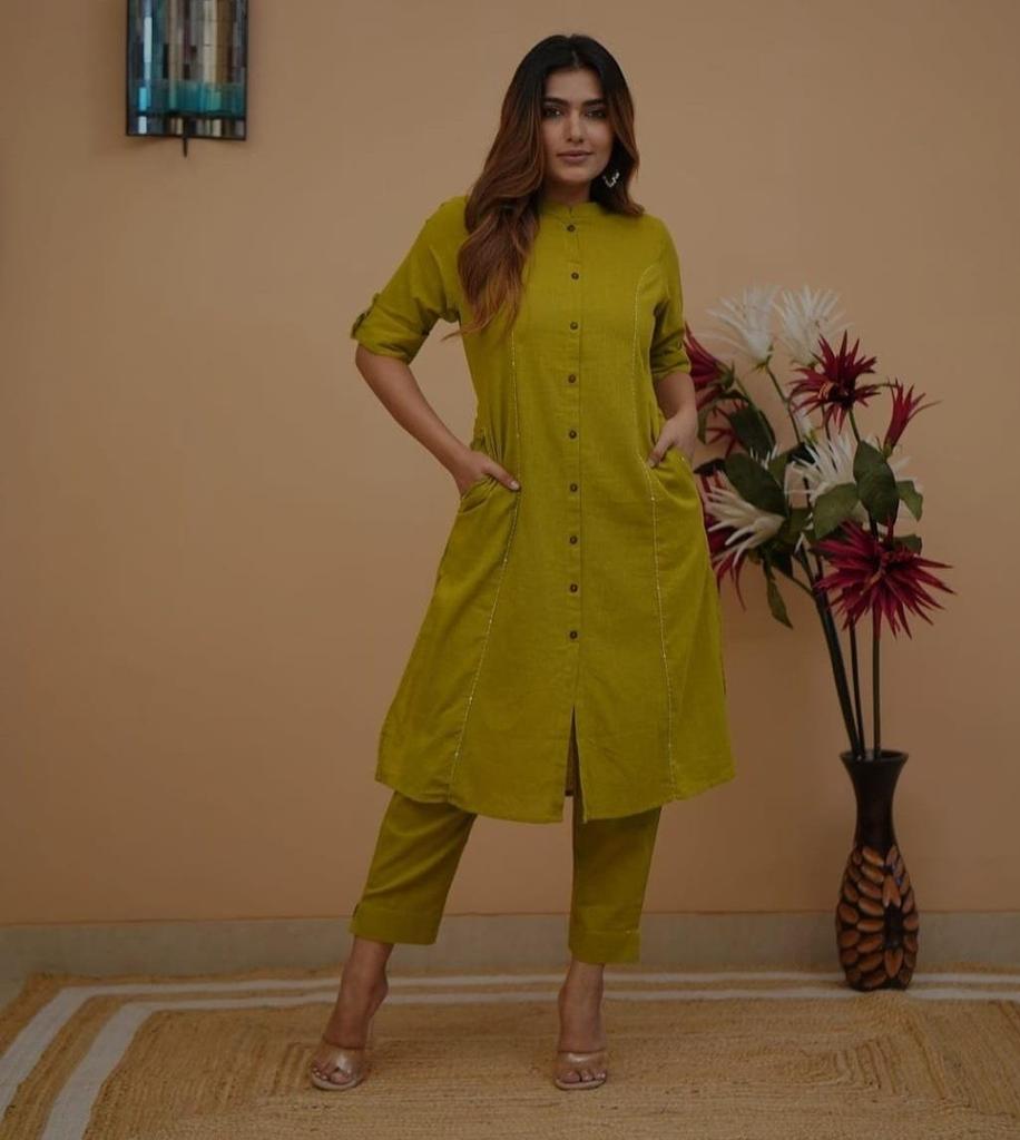 Women Designer Cotton Slub Kurta Pant Cord Set Dress Indian Bollywood Top Tunic Kurti
