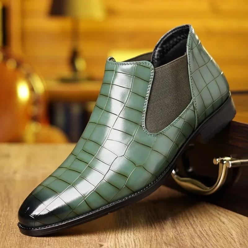 Fashion Chelsea Leather Men Boots High-top Side Zipper Round-toe Crocodile Pattern High Heel Versatile Casual Party Boots For Man botas