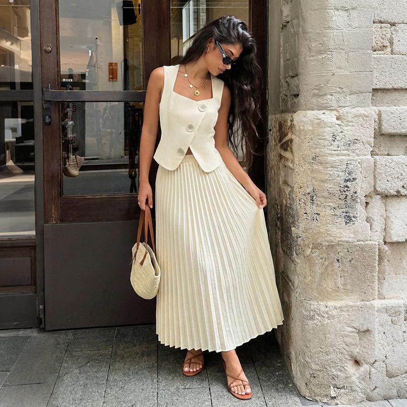 Elegant European & American Summer 2026 Fashion Pleated Long Skirt Set for Women S