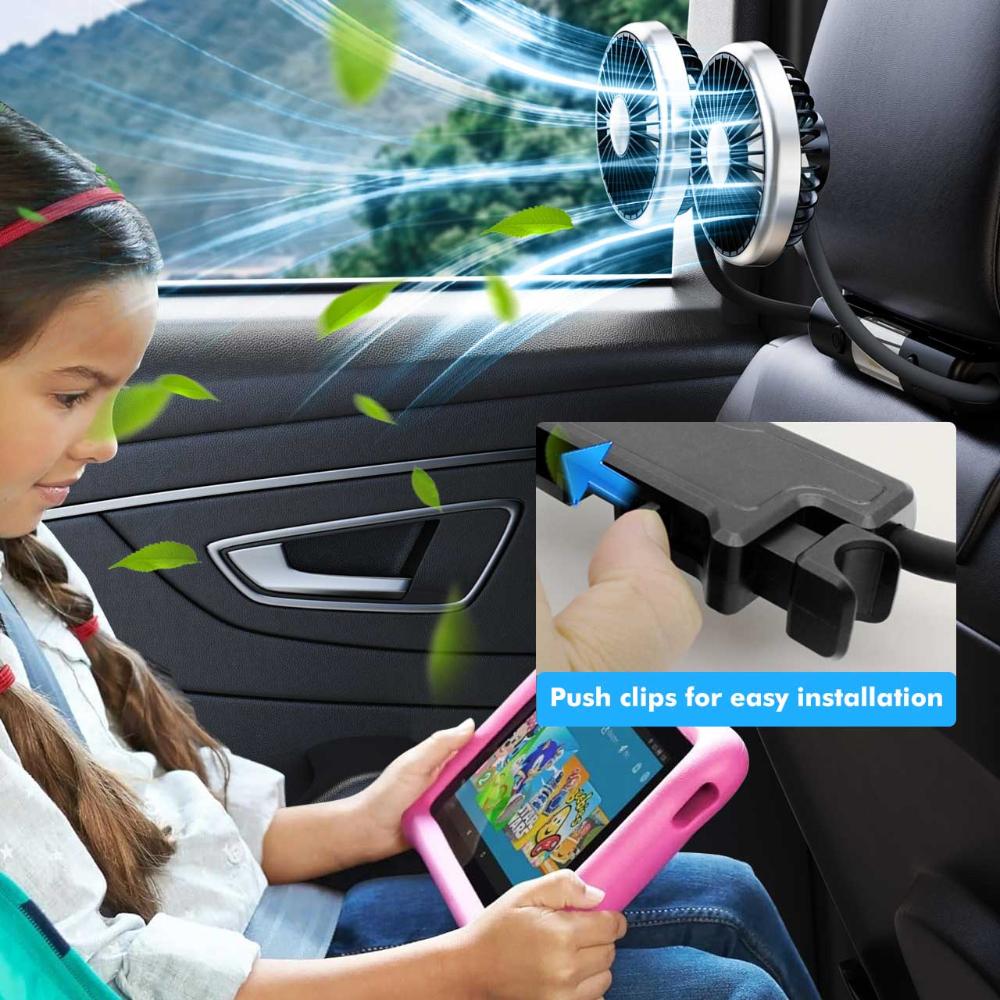 Car Fans Summer Dual-Head USB Hose Fan 360°Rotation Cooling Fan 3 Speed Wind 2 Lighting Setting Car Fan Cooler Easy to Install