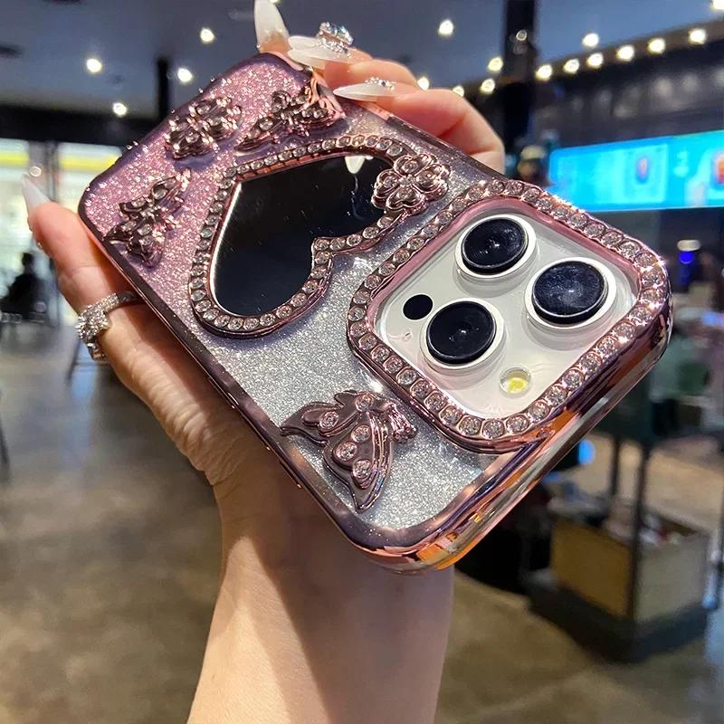 Farbverlauf Glitzer Schmetterling Hülle für iPhone 17 16 15 14 13 12 11 Pro Max Liebesherz Make-up Spiegel Diamant Linse Stoßfeste Abdeckung