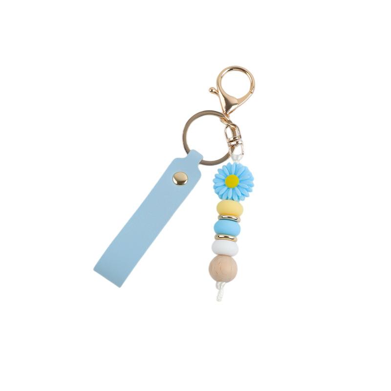 Boho Wood Bead Flower Keychain PU Leather Wrist Strap Metal Key Ring Trendy Bag Pendant for Girls