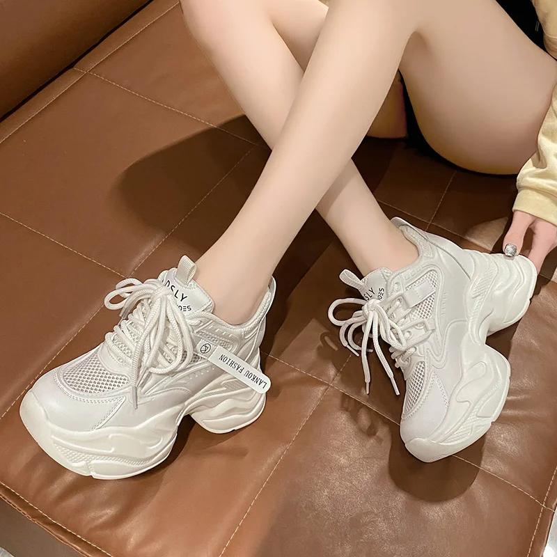 Fashion 9CM Women Chunky Leather Sneakers High Platform Ulzzang Sports Shoes New 2025 Spring Thick Bottom Women's Wedge Casual Shoes