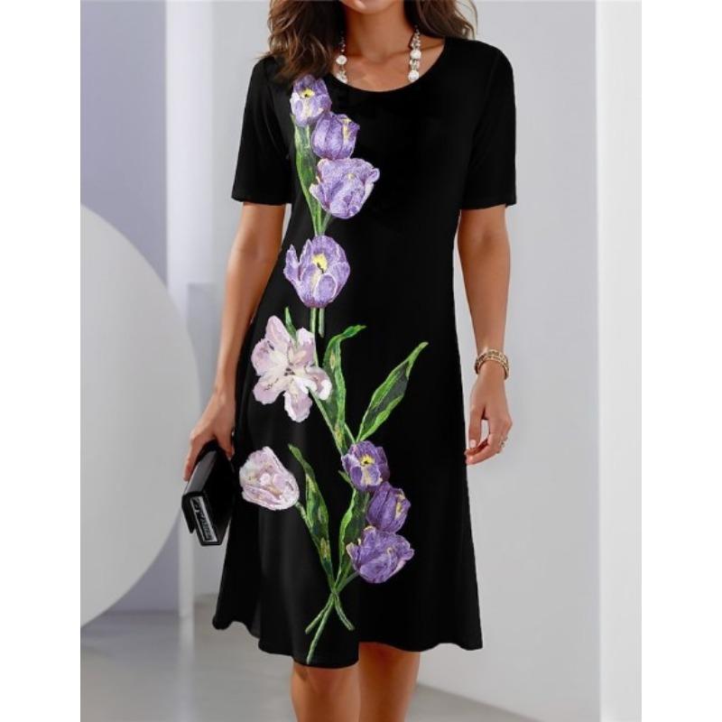 Women's Fashion Summer Spring Flower Pattern Print Short Sleeve O-Neck Casual Dresses