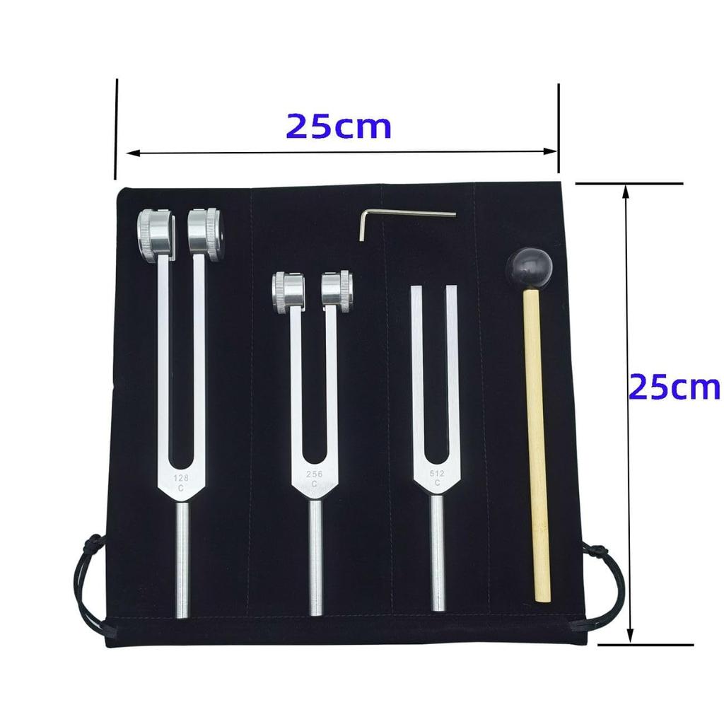 [Sedona's Magic] Trinity Awakening Gold Harmonic Tuner 3-Piece Set (3 Tuning Forks: 128Hz, 256Hz, 512Hz, Hard Rubber Mallet, Pouch) Sound Healing Set