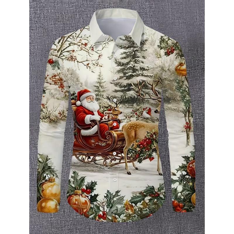 New Christmas Men's 3D Printed Formal Shirt Christmas Tree Santa Claus Pattern Long Sleeve Shirt Fashion Men's Shirt