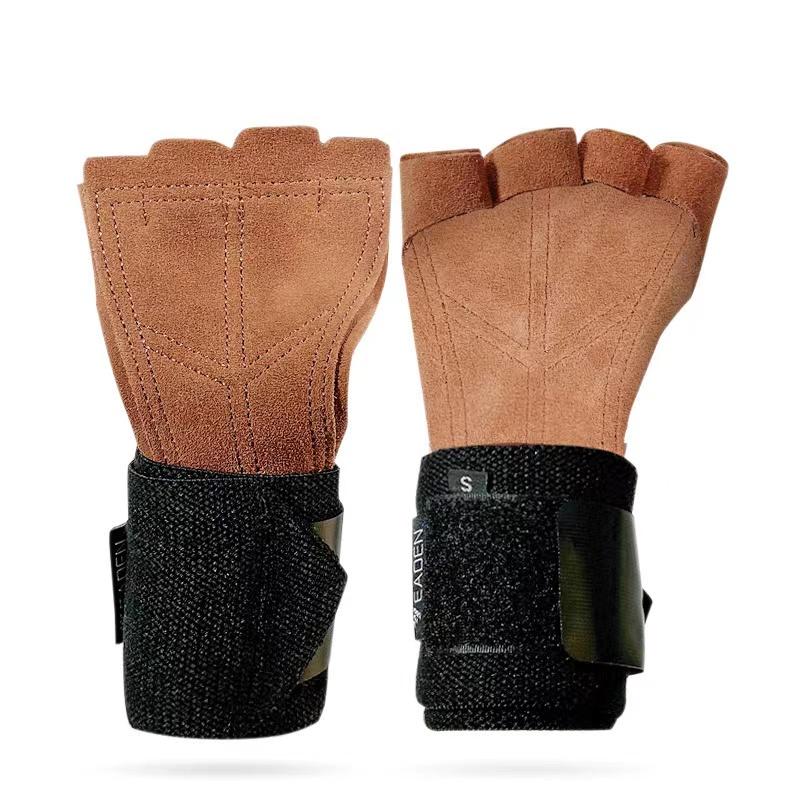 Cowhide Gym Gloves Wrist Brace Anti-Skid Weight Lifting Grip Pads Deadlifts Workout Fitness Gloves Pull Ups Bracer Protection