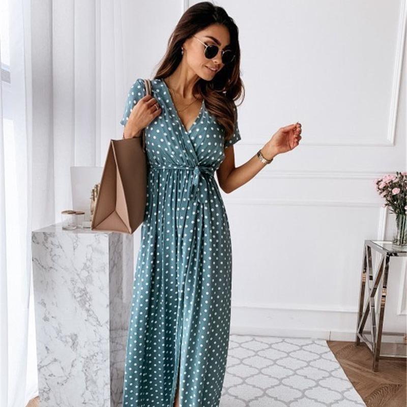 Short-sleeved V-neck Summer Fashion Sexy Casual Long Skirt Bohemian Polka-dot Print Dress