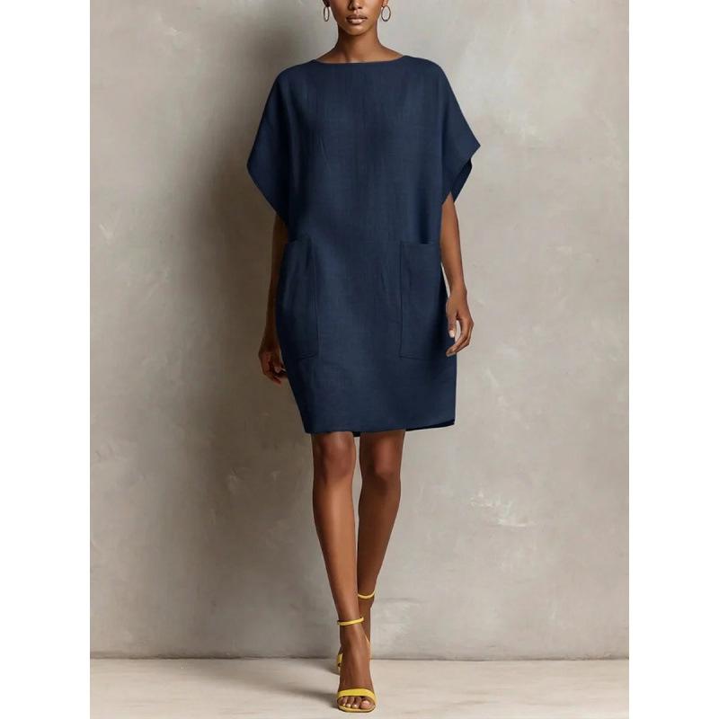 Women s clothing European and American popular women s round neck loose and comfortable solid color skirt short-sleeved dress S