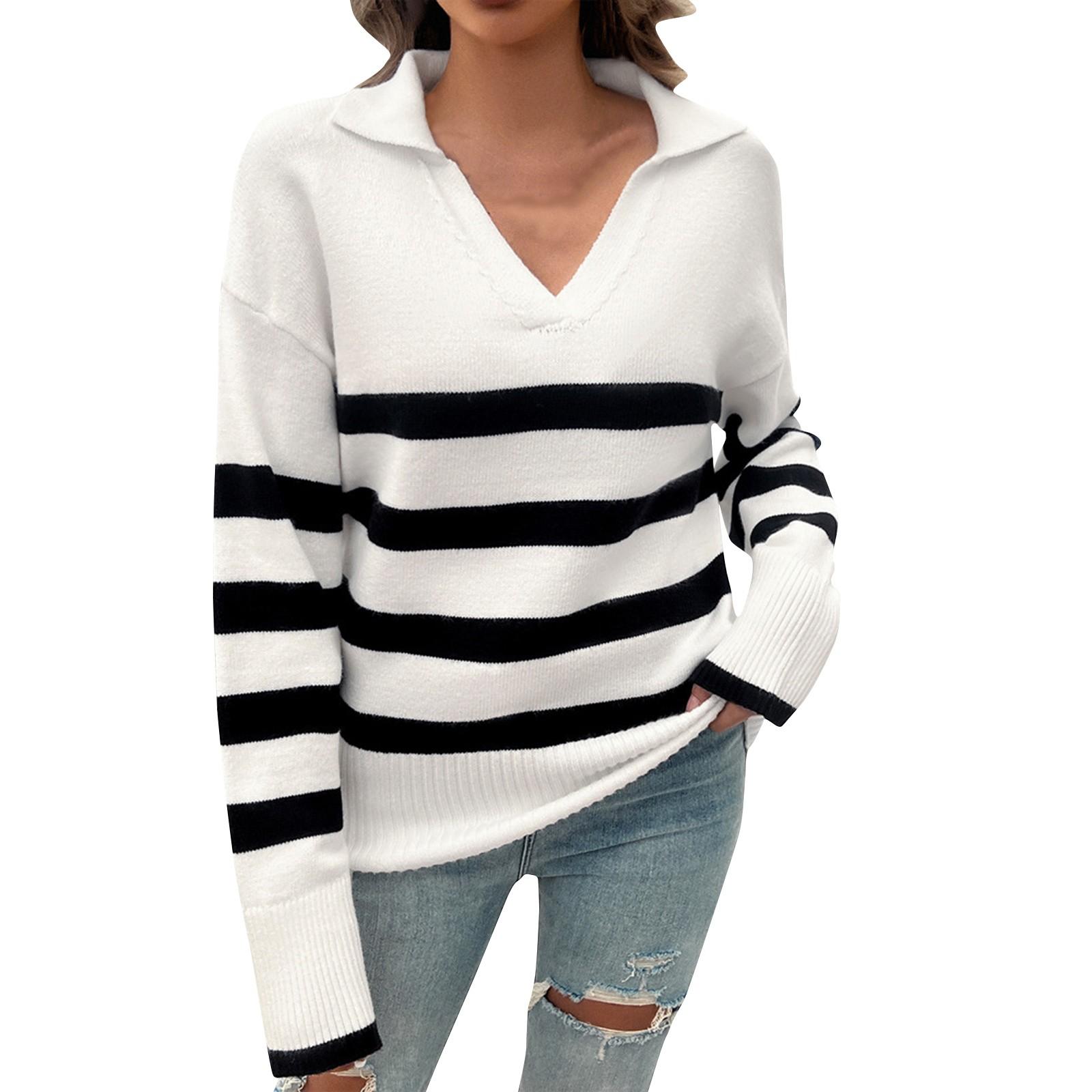 

Женский повседневный модный удобный свободный свитер в полоску с контрастными лацканами XL белый