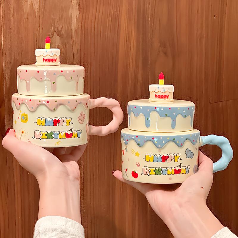 ins cute cake ceramic mug with lid girl high-end drinking cup birthday gift souvenir gift box