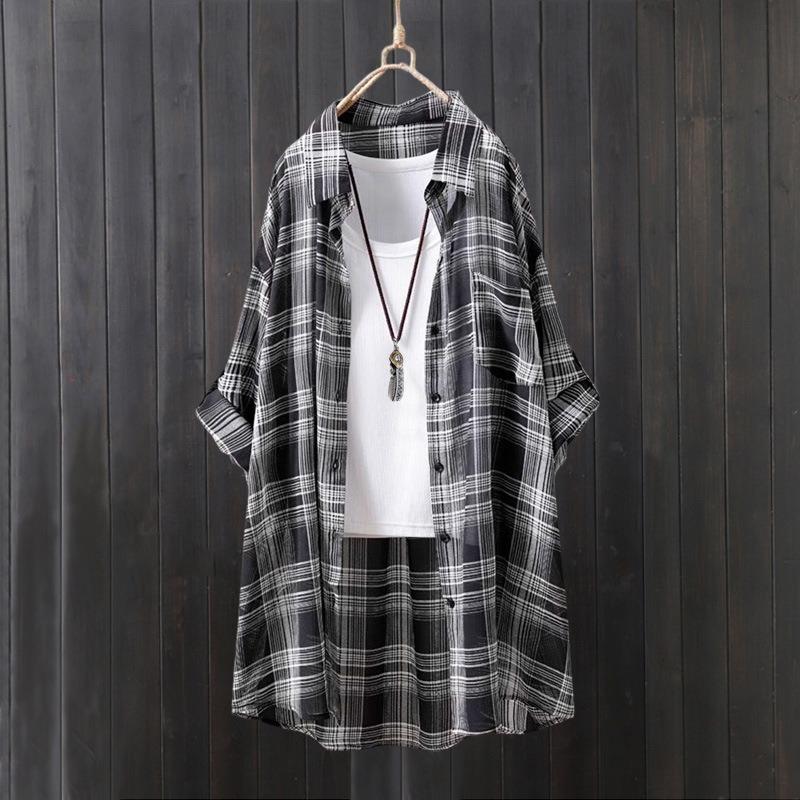 Plaid Shirt Women's Summer Drapey Top Mid-length Loose Butt-covering Thin Coat Chiffon Shirt Long-sleeved Shirt