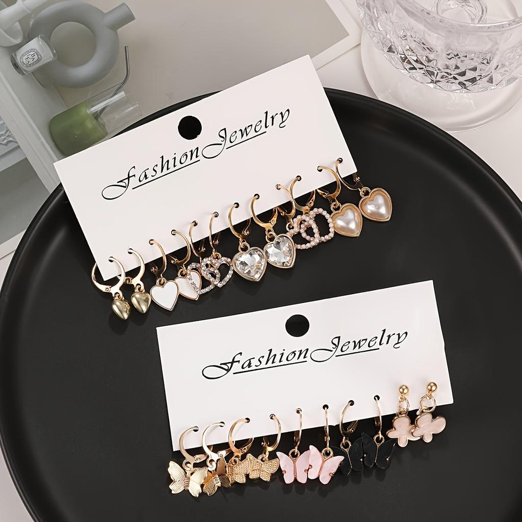 Fashion Acrylic Butterfly Pendant Earring Set Vintage Design Heart-shaped Pendant Hoop Earrings Women's Bohemian Summer Zircon