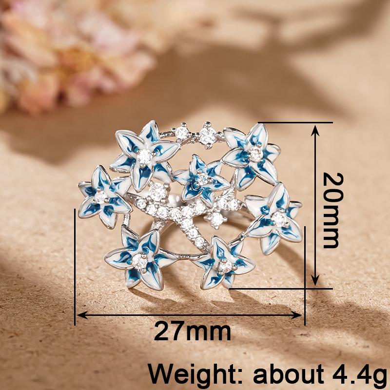 Huitan Aesthetic Blue Flower Women Ring Charming Accessories Inlaid Shiny CZ Party Anniversary Fresh Style Female Jewelry Gift