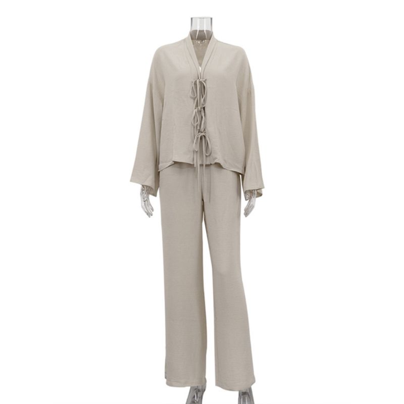 Solid Casual Two-piece Set European and American Fashion Lace-up Shirts Trousers Set Women Casual Two-Piece Set