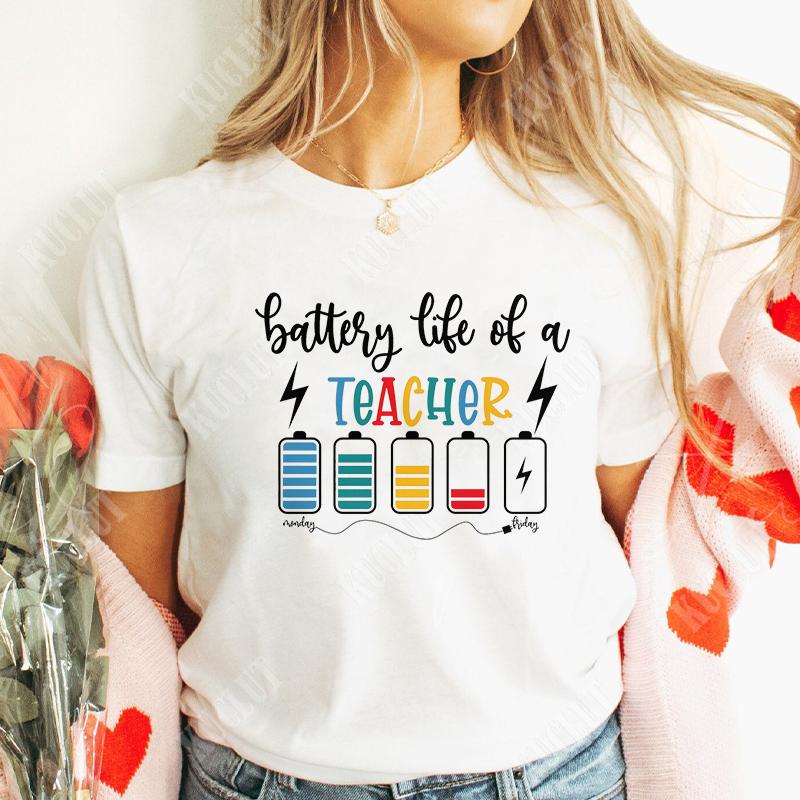 Battery Life of Teacher Print T Shirt Women Summer Fashion Tshirt Casual Female Tees for Lady Short Sleeve Tops Harajuku Fashion