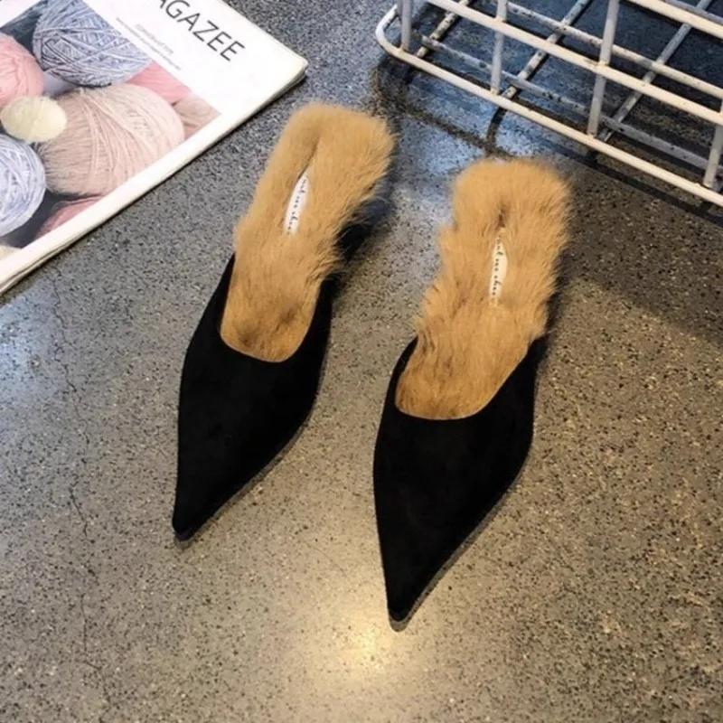 New Women Fur Slippers Pointed Toe Women Mules Slipper Fashion Ladies Elegant Dress Sandal Square Low Heel Slip on Slides Shoes