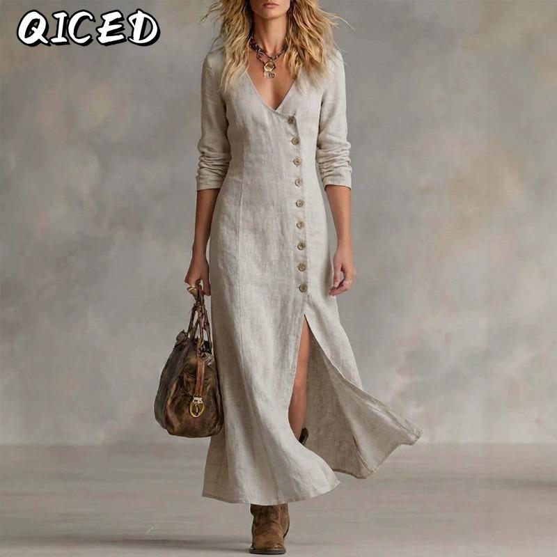 QICED Fashion Spring Autumn Solid Color Print Long Sleeve V-Neck Casual Dresses