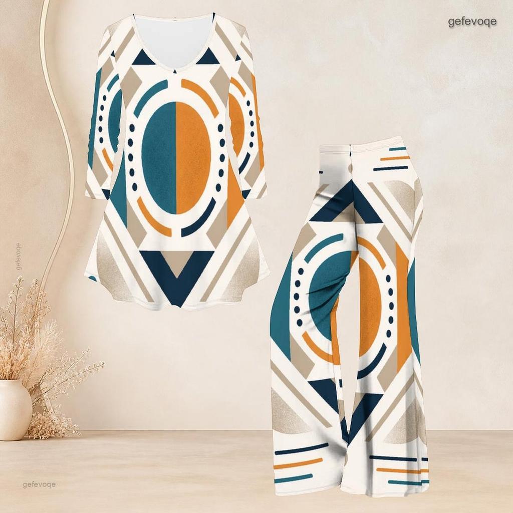 Women Plus Size V Neck Three Quarter Sleeve Printed Flared Top And Flared Pants Two Piece Set
