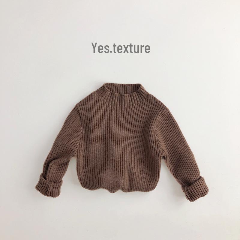 Unisex Earth Tones Ribbed Semi-High Neck Stretch Sweater for Kids – Slim Fit Korean Style Knit T-Shirt