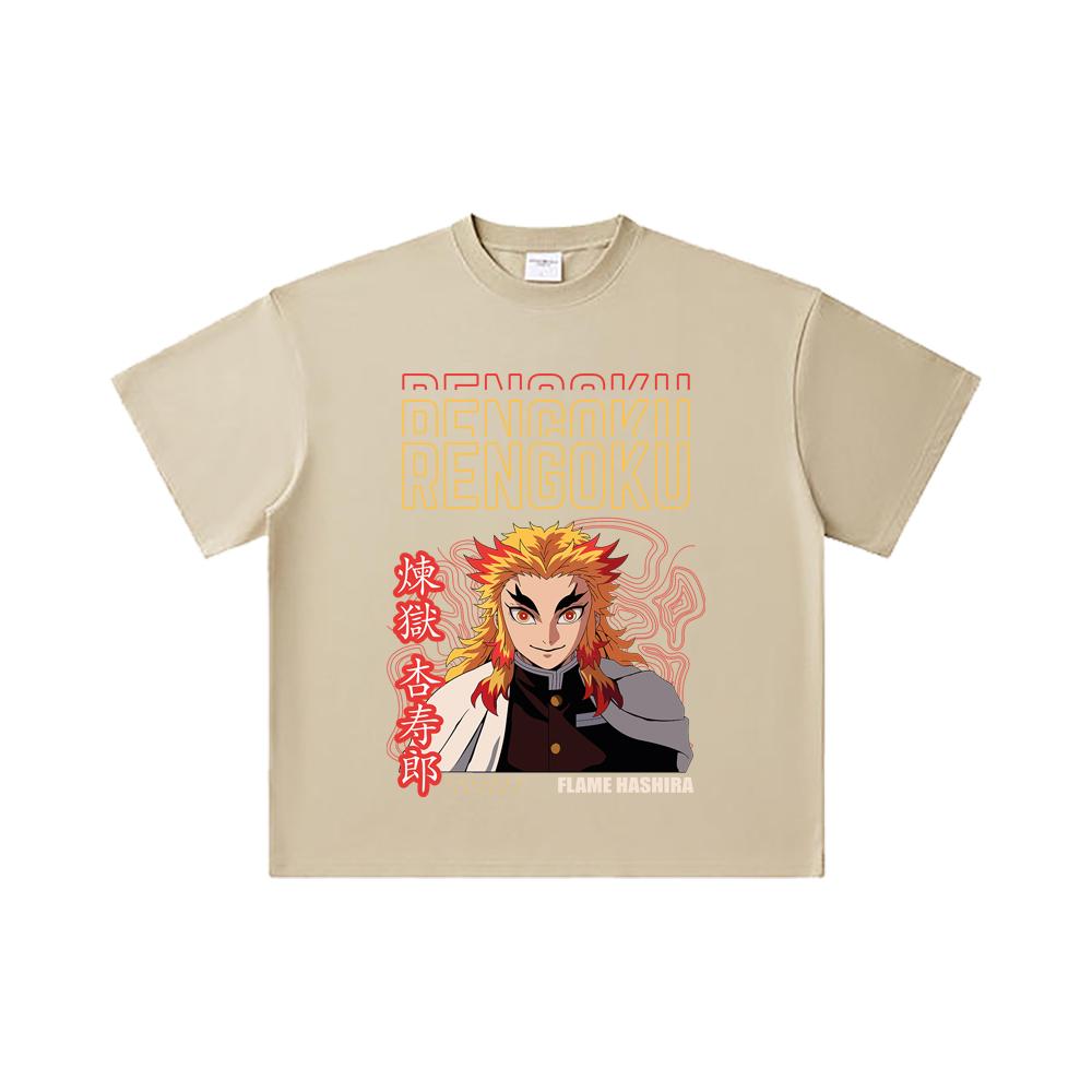 260 GSM Double Yarn 32 Count 100% Cotton Demon Slayer V117 Rengoku Print Unisex Heavy Cotton T Shirt