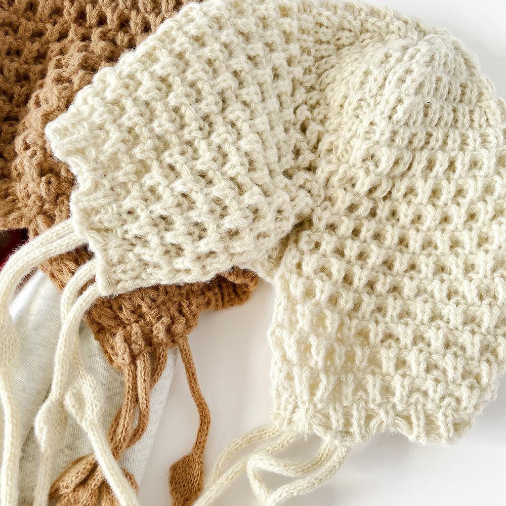 Sweet hollow knitted bag head hat autumn and winter travel photo single product fringed strap red knitted wool hat women