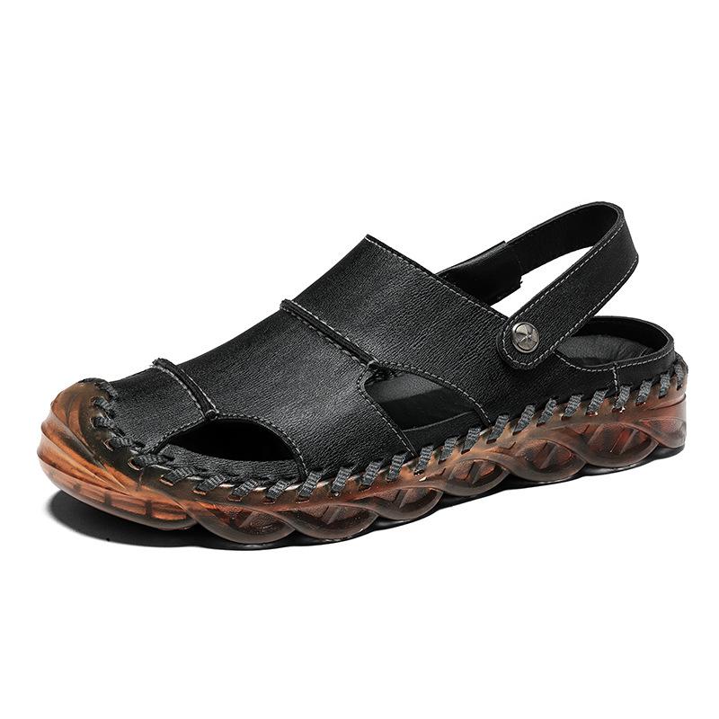 Summer Cowhide Closed Toe Men's Sandals Hollow Leather Sandals Men's Fashionable Leather Driving Soft Bottom Non-Slip Beach Shoes
