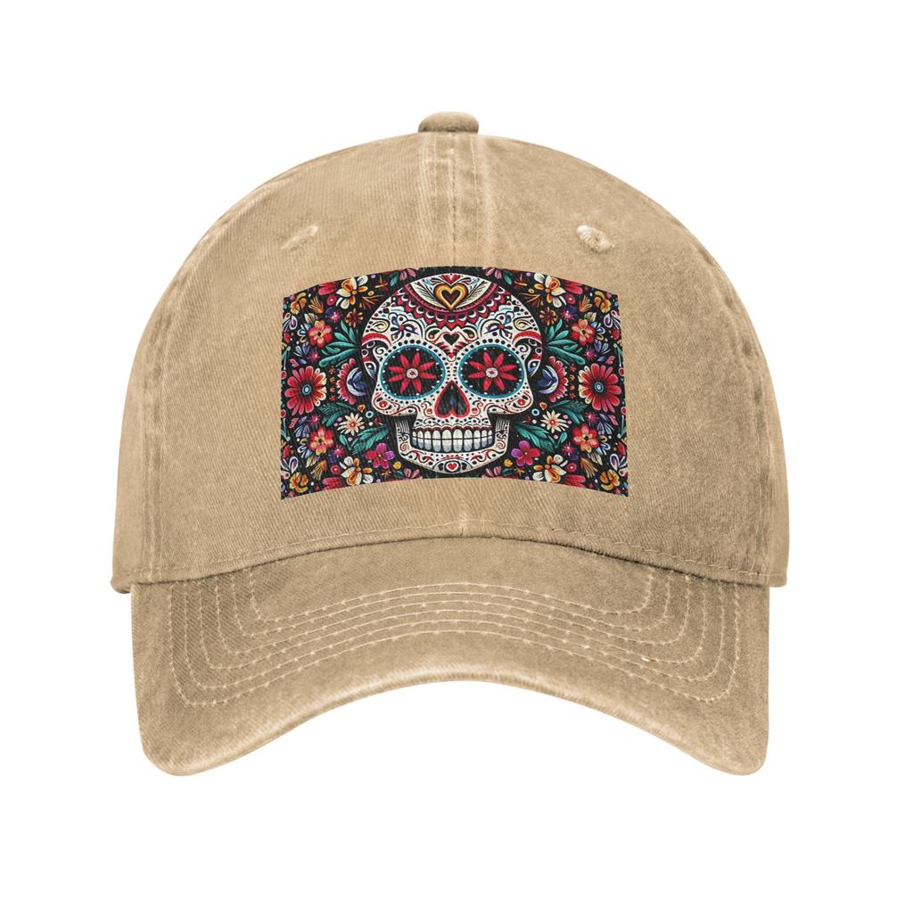 Mexican Sugar Skulls And Flowers Washed Denim Cap Casual Baseball Caps Adjustable Hat Summer Unisex Baseball Hats
