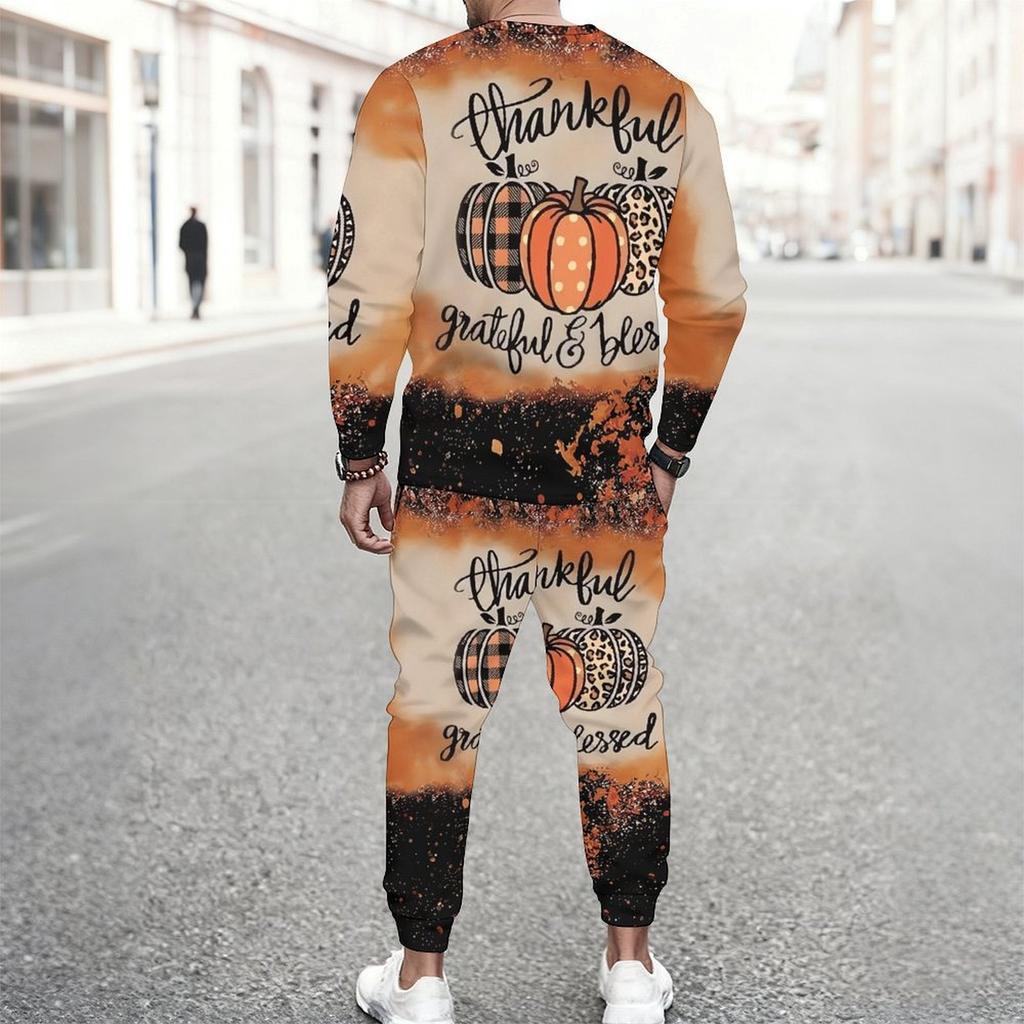 Men Vintage Green Background Skull Blue Butterfly Leaf Print Long Sleeve Sweatshirt Jogger Pants Two Piece Suit