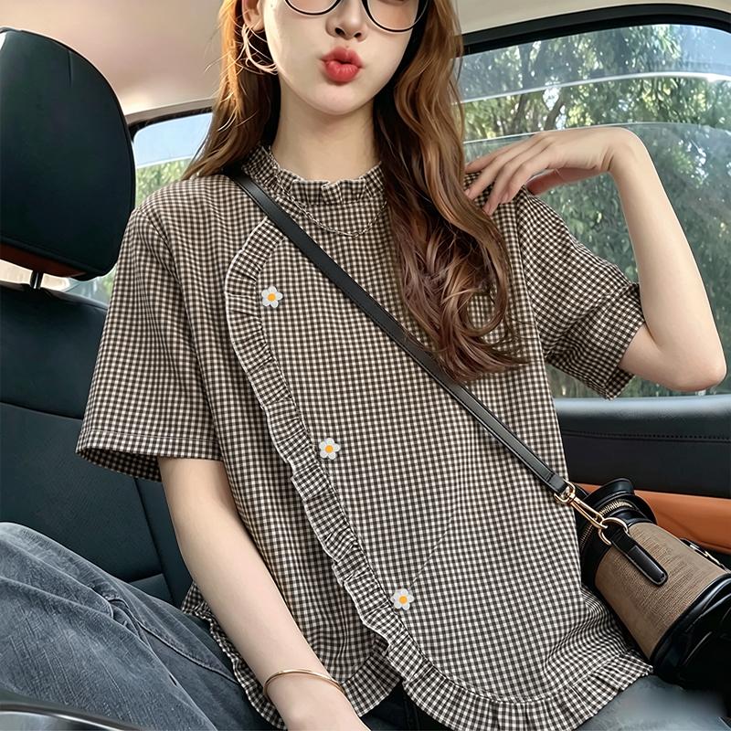 ZANZEA Women Casual Round Neck Plaid Print Loose Short Sleeve Blouse