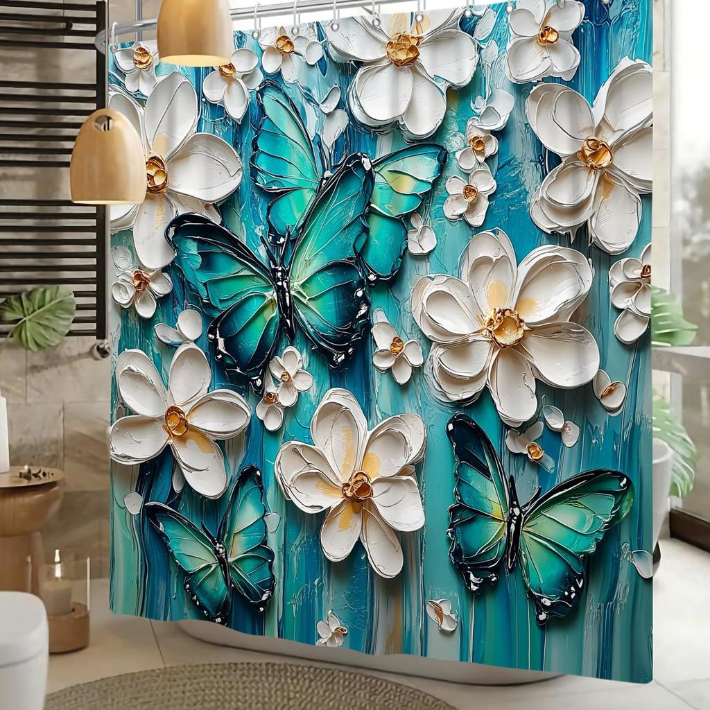 Schmetterling Duschvorhang Grün Blau Ölgemälde Weiß Boho Blumen Badezimmervorhänge Rustikales Bauernhaus Floral Waschbare Dusche