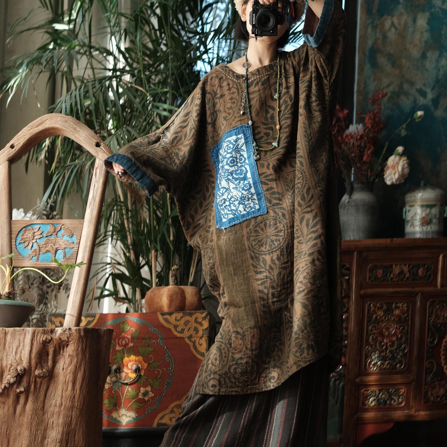 

Johnature Women Vintage Dresses Spring Chinese Style O-Neck Bat Sleeve Patchwork Color Female Loose Dress One Size