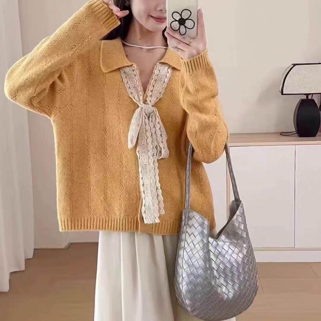 

Женский свитер с французским V-образным вырезом, однотонный, с бантом - Осенне-зимний вязаный топ в корейском стиле One Size жёлтый/имбирный