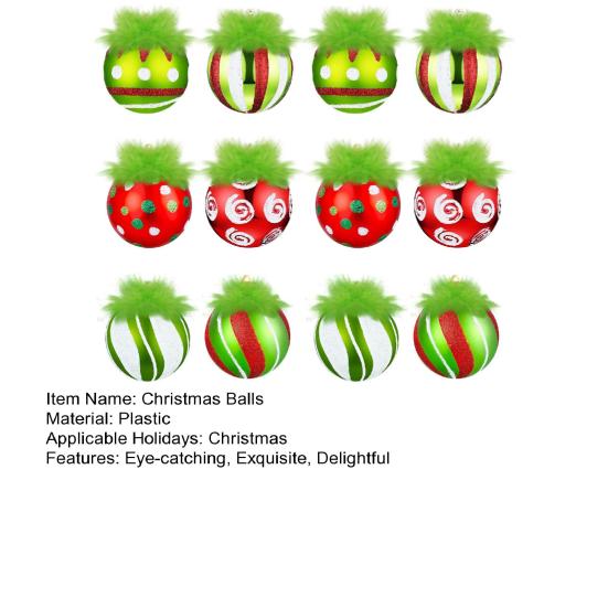 2.4 Inch Christmas Ball Ornaments with Fuzzy Green Hair Glittering Hanging Furry Elf Ball Decoration Red Green Plastic Ball Ornament