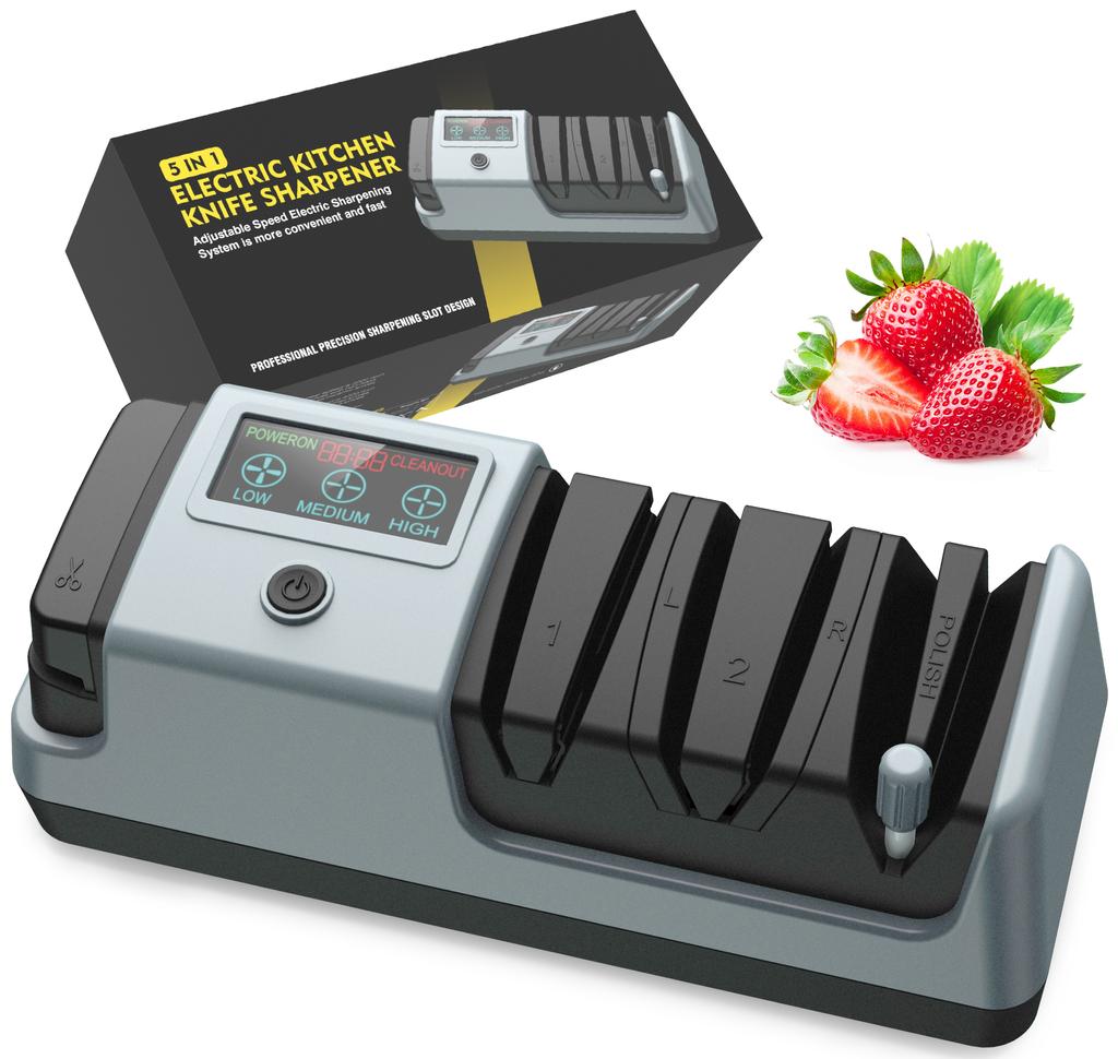 YOORLEAY 5-in-1 Elektrischer Messerschärfer - 3 einstellbare Rotationsgeschwindigkeiten - Elektrische Messerschärfer für Küchenmesser für Zuhause