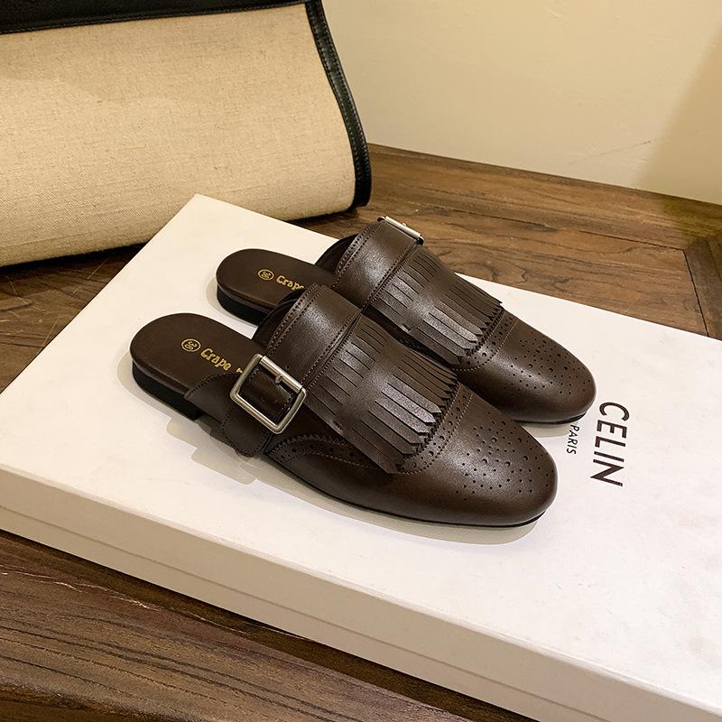 

Резной кисточкой сумка голова Мюллер полушлепанцы женские для улицы весна и лето ретро на одной педали ленивые маленькие кожаные туфли на плоской подошве 35