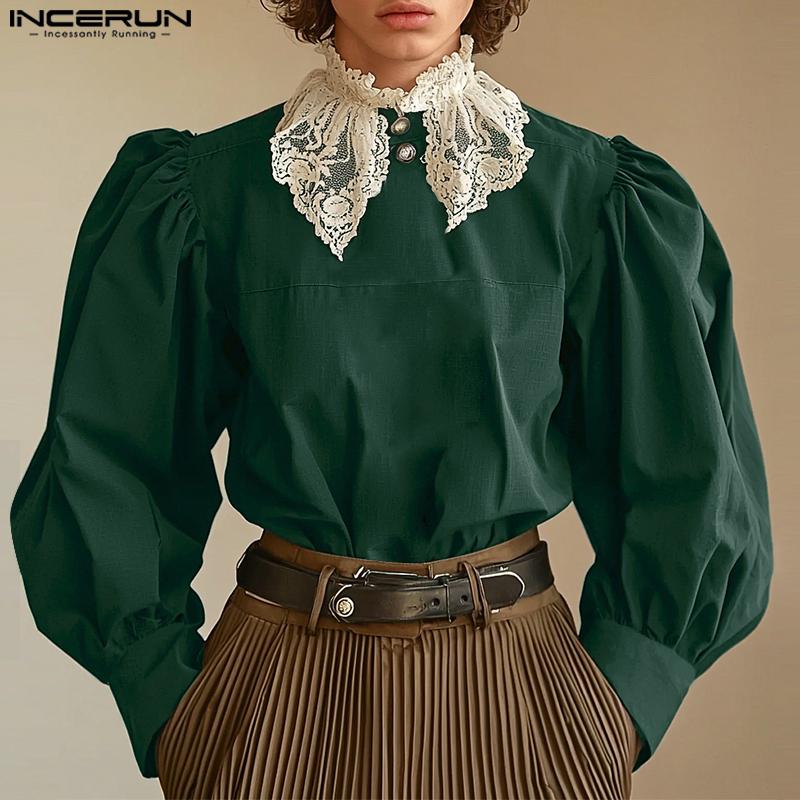INCERUN Männer Frühling Spitze Rüschen Hals Puff Langarm Shirts Casual Lose Tops