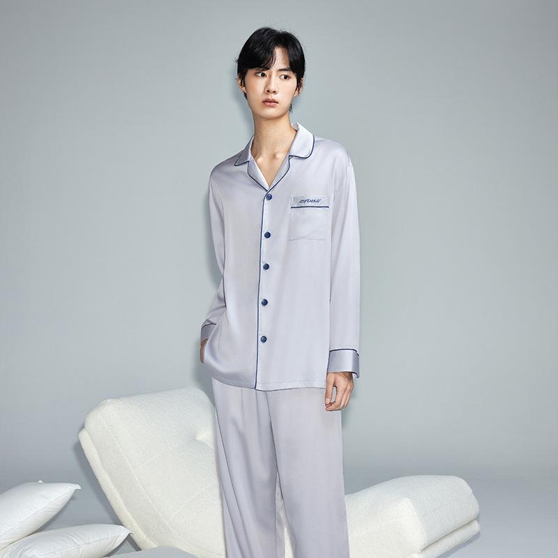 Men's Lyocell Tencel Solid Color Pajamas - Spring/Fall Long Sleeve Set
