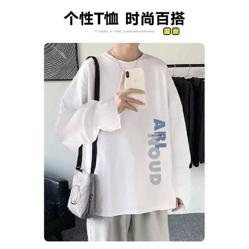 2024 Men's Long-Sleeved T-shirt Autumn Undershirt Long Sleeve Cotton Autumn Hong Kong Style Printing Loose Trendy Top