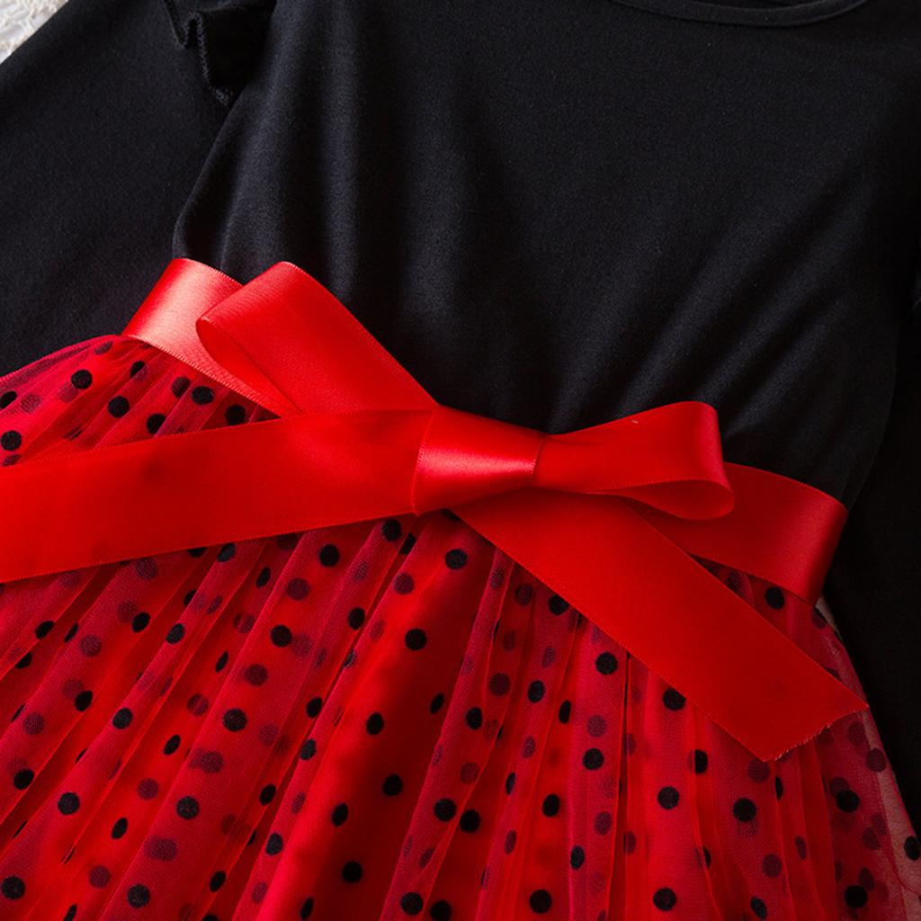 Girls Fashion Cute Long Sleeve Flying Sleeve Dot Mesh Princess Dresses Dresses