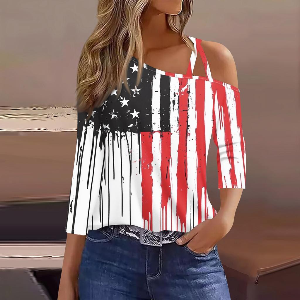 Women's Fashion Casual Independence Day Print Sexy Cold Shoulder 3/4 Sleeve T-shirt Top