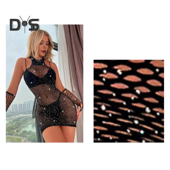 Dámská noční košilka Rukavice Set Průhledná vyhloubená síťovaná krajka Lesklá drahokamu Dekor Pochva Hubená Ložnice Líbánky na spaní