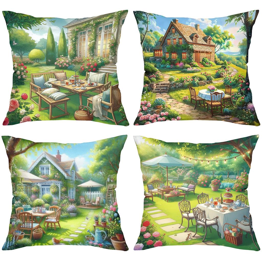 Enchanting Garden Scene Printed Cushion Covers Decor Accents Polyester Pillowcase, Sofa Decorative Cushion Cov Headboard Pillow
