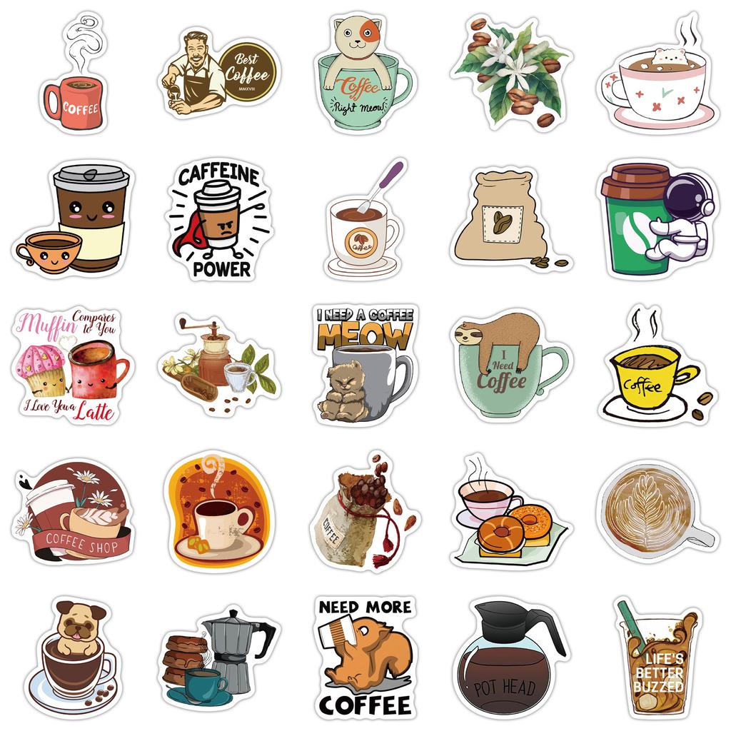 50 Cartoon Coffee Doodle Stickers Suitcase Motorcycle Laptop Waterproof Stickers