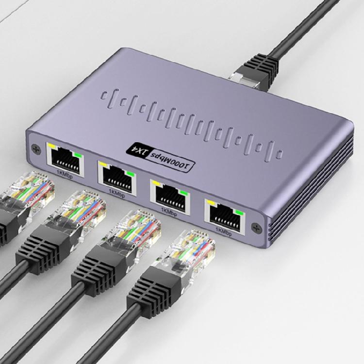 Multiple Device Ethernet Splitter 4 Port Gigabit Speed Networking Hub Aluminum Housing for Home Office Connection