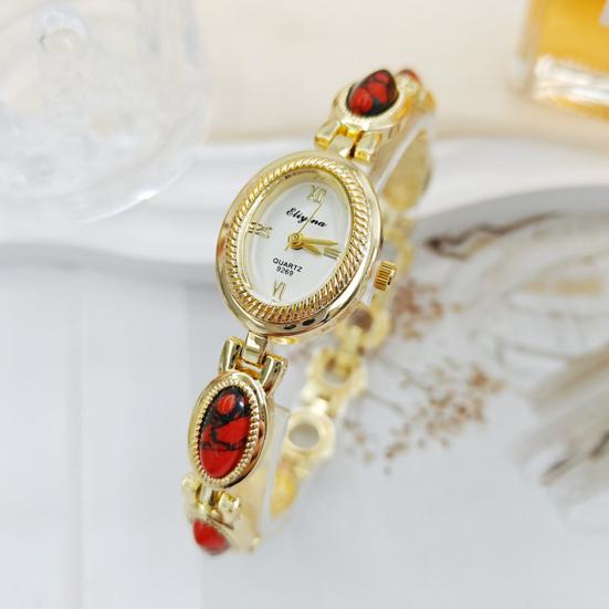 Ladies Vintage Bracelet Watch Retro Oval Dial Quartz Wristwatch Elegant Faux Gemstone Dress Watch for Office Date Party