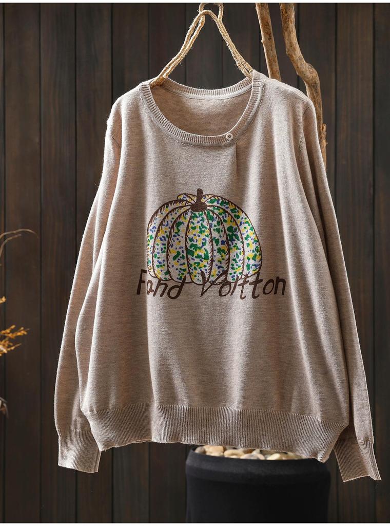 2026 Autumn Women's Pumpkin Print Knit Sweater: Age-Reducing Versatile Round Neck, Long Sleeve Top