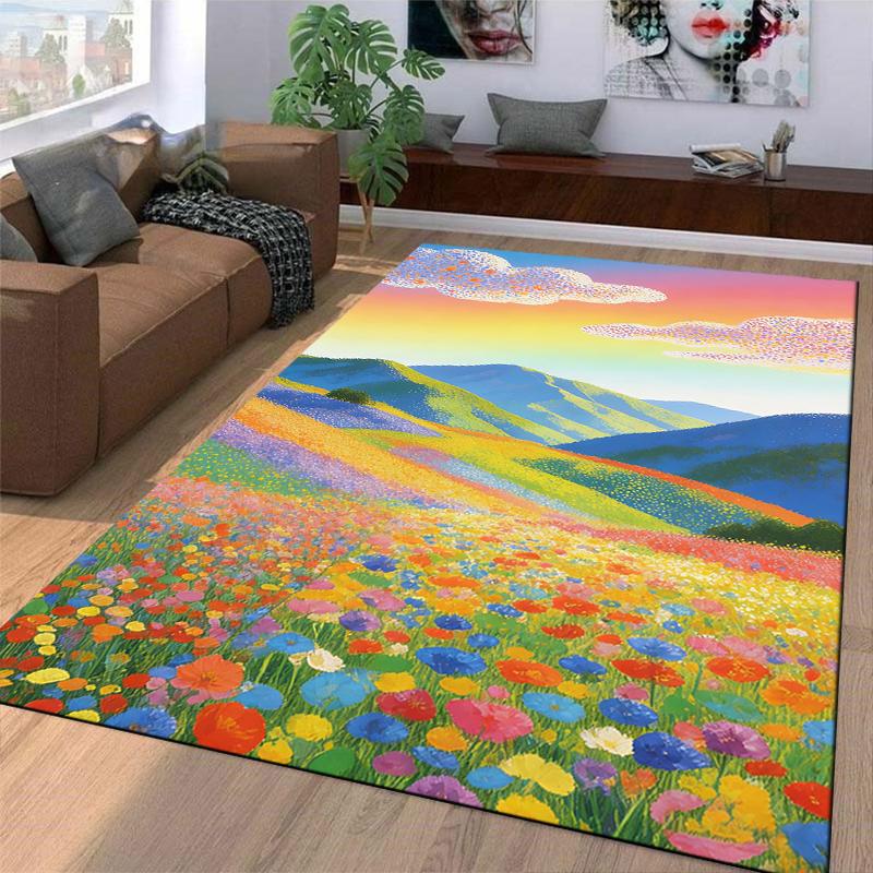 Colorful Floral Landscape Carpet with Mountains and Sunset Sky Suitable for Use As an Anti-slip for Living Room Bedroom Sofas