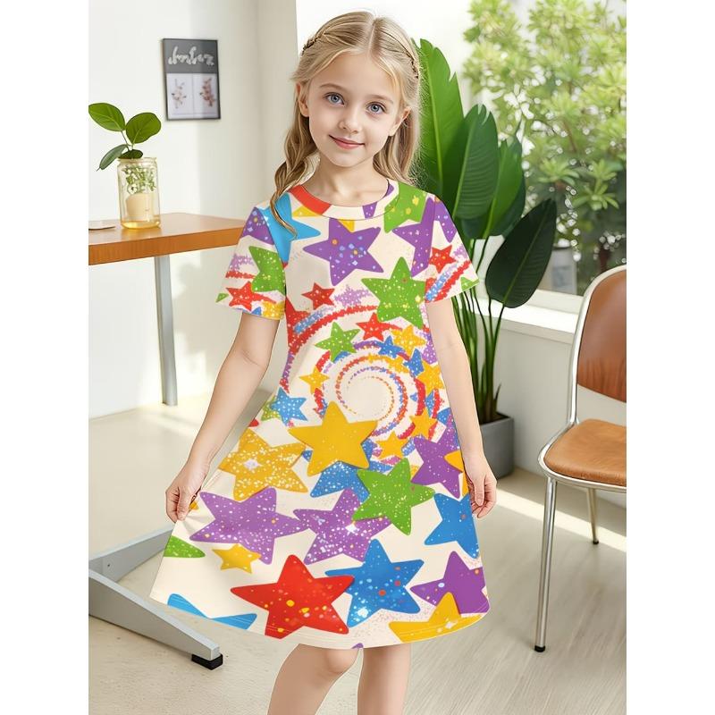 Dress for Girls Tie-Dye Multicolor Graffiti 3D Print Round Neck Colorful Dress Casual Summer Short Sleeve